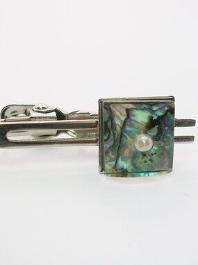 Vintage Tie Clip Bar Abalone Shell genuine Seed Pearl silver tone Necktie Holder